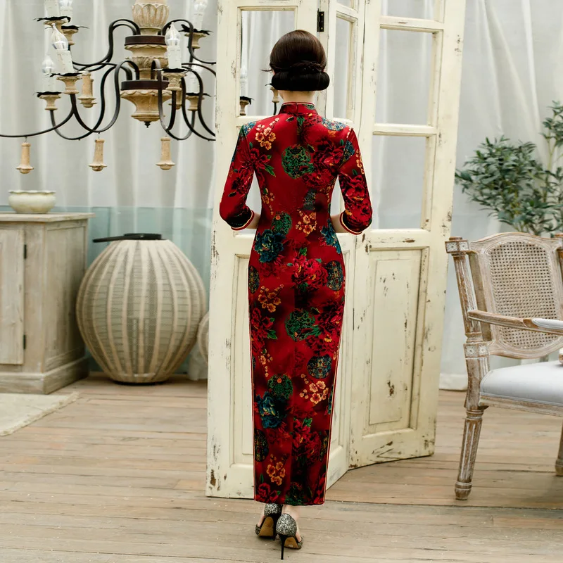 Осенние новые китайские женские тонкие длинные Cheongsam винтажные бархатные вечерние платья Элегантное платье с цветочным принтом Qipao оверсайз 3XL 4XL