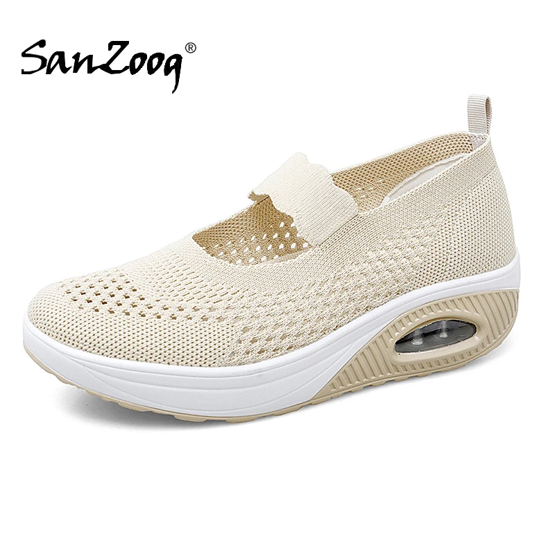 

Women Mary Jane Shoes Platform Flat Casual Breathable Flats Ladies Air Cushion Stretch Beige Pink Black New Design