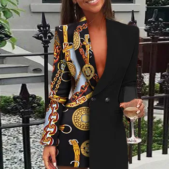 

Women Blazer Mini Dresses Patchwork Printed Long Sleeve Elegant Sexy V Neck Office Ladies Classy African Female New 2020 Clothes