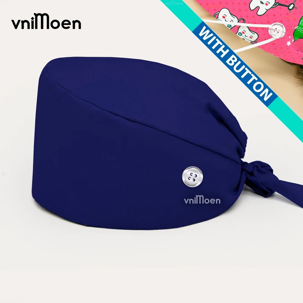 Dark Blue Scrubs Caps With Button,adjustable Tie Back Hats,professional Health Service Worker