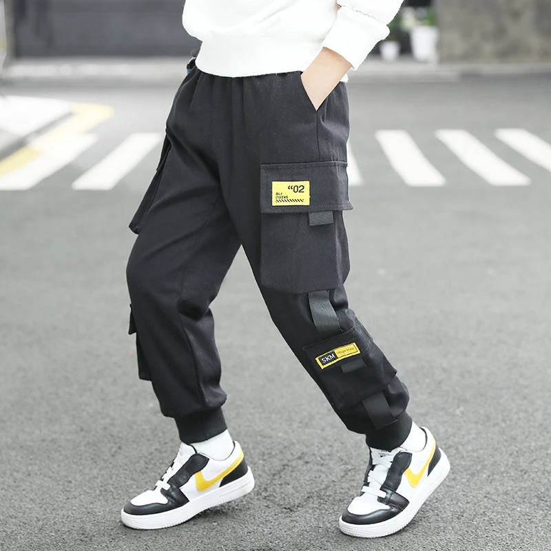 Hip hop spodnie dla dzieci chłopięce haremki, bojówki spodnie Multi  kieszenie biegaczy wstęga bawełniana kombinezony spodnie dla dzieci  nastolatki chłopcy spodnie dresowe|Spodnie| - AliExpress