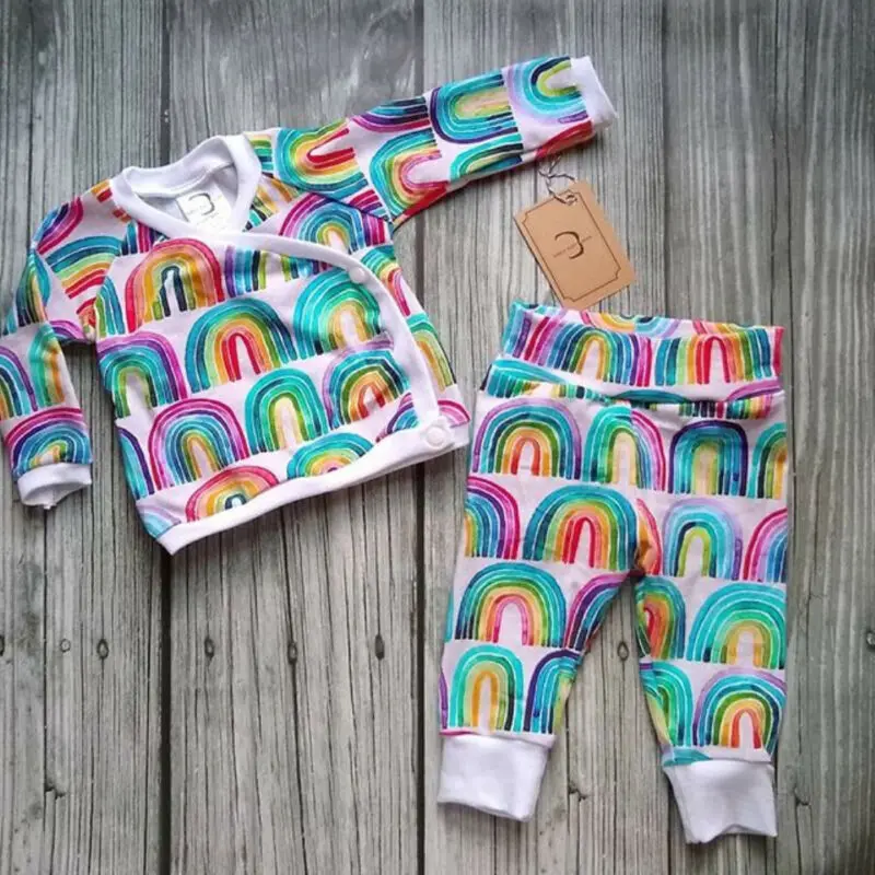 Rainbow Printed Unisex Infant Kids Baby Girl Boy Clothes Long Sleeve Pullover T Shirt Tops+Leggings Pants Outfit Set | Детская одежда и