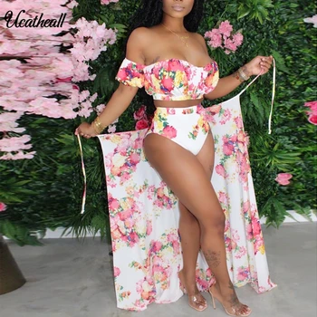 

Casual Print Three Pieces Set Women Off Shoulder Top And Long Cover Up+shorts Suits Matching Sets Beach Three-piece Bikini Set