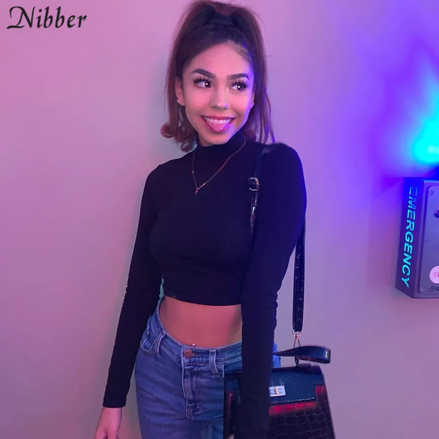NIBBER street style sexy backless hollow out Bandage top slim turtleneck t-shirt crop top2019autumn  trend full sleeve tee femme