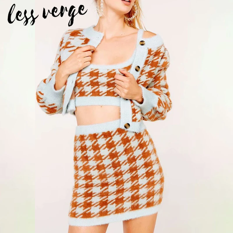Lessverge офисный женский клетчатый комплект из 3 предметов, женский осенний зимний теплый комплект из двух предметов, свитер, Повседневный Кардиган, укороченный топ, Топики, мини-юбка