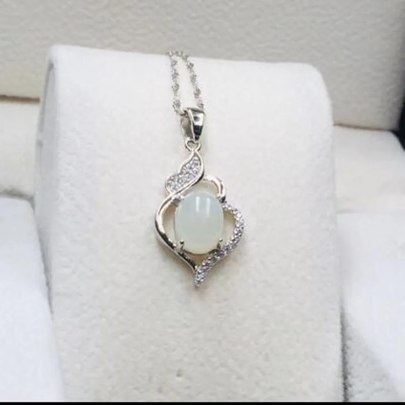 925 Silver Natural White jade pendants simple fine jewelry Zircon for women party Necklace