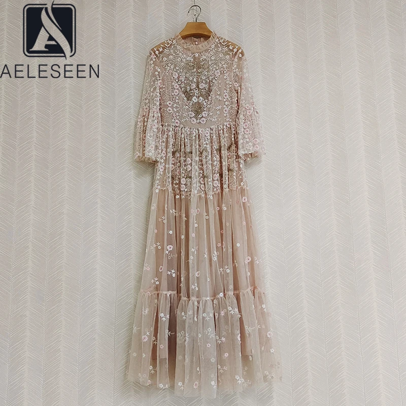 

AELESEEN дизайнерское модное платье макси, подиумное новое платье с длинным Расклешенным рукавом и оборками, роскошное Расшитое бисером Сетчатое платье с цветочной вышивкой