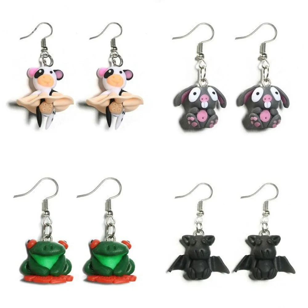 GTQ Cartoon Raccoon Cow Bat Frog Koala Charm Earrings Handmade Polymer Clay Animal Earring Brincos for Women | Украшения и