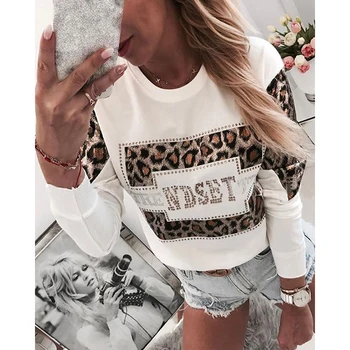 

Leopard Printed Casual Patchwork Hot Drilling Women Autumn Sweatshirt Tops Female O Neck Long Sleeve European Hoodies SJ5056U