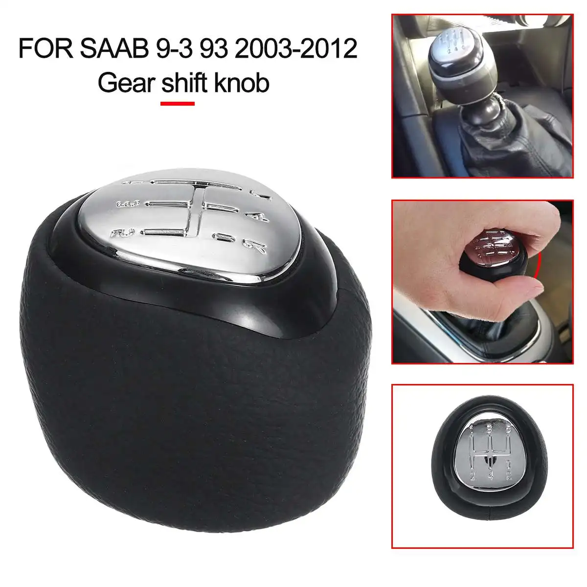 Leather 5/6 Speed Black Gear-Shift Knob Car Accessoriesr FOR SAAB 9-3 93 2003-2012 Replacement 55566206 55353898 Chrome