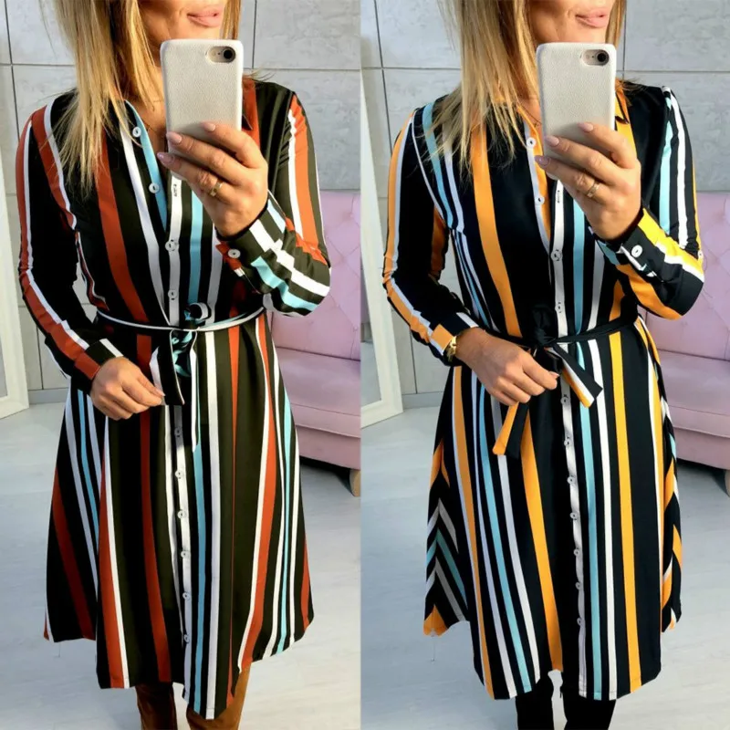 

2019 New Chiffon Slim Stitching Mixed Color Fashion Stripe Dress For Women