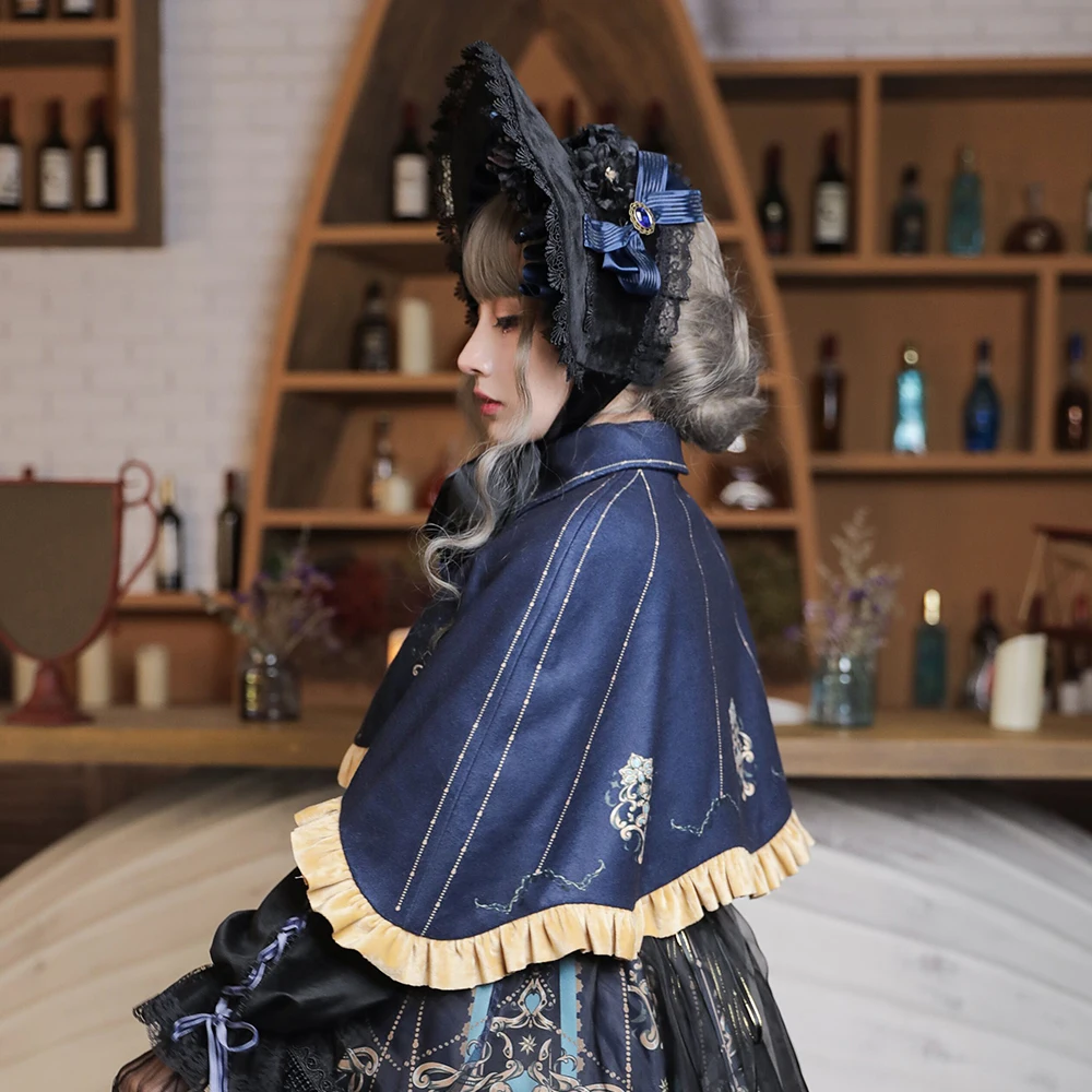 Melonshow Gothic Cape Coat Cloak Tops Outerwear Shawl Poncho Women Plus Size Blue Casual Print Sleeveless Ruffle Lined