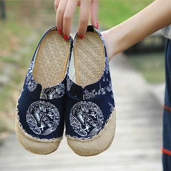 

Plus Size Linen Crocodile Slipper Flats Shoes Women Vintage Espadrilles Sandals Casual Shoes Women Flip Flops PA911654