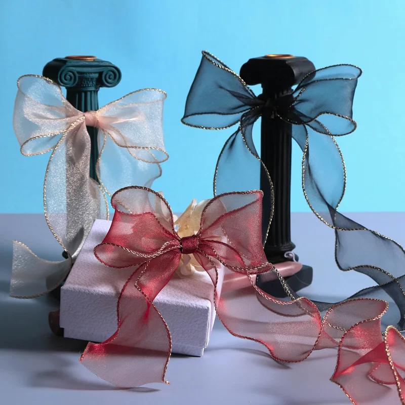 Phnom penh tail yarn with flowers packaging materials bow hair ribbon golden kao snow yarn with wavy edge