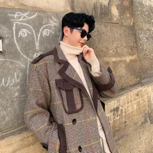 Hombres, осенне-зимняя клетчатая двубортная Длинная шерстяная куртка, Тренч, пальто, Мужская винтажная уличная одежда, толстое пальто, верхняя одежда