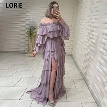 

LORIE Arabic Evening Dresses Beach Long Sleeves Lace Beaded Chiffon Tiered Celebrity Wedding Party Dress Prom Gowns Robe Soiree