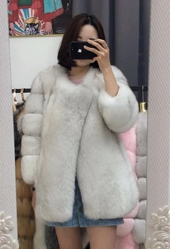 natural blue fox Новая шуба с перекрестным воротником из лисьего меха Женская качественная модная розовая куртка из натурального Лисьего меха - Цвет: natural blue fox