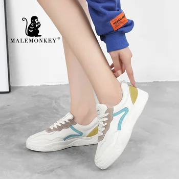

MALEMONKEY 932578 Women New Spring Flats Shoes Woman Lace-up White Genuine Leather Solid Female Casual Women's Shoes Sneakers