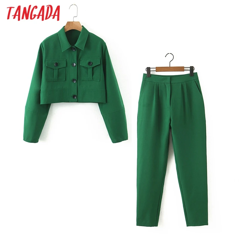 Tangada 2020 autumn women green loose crop top pants set sexy twin suit 2 piece set tops and pants 8H14 Tangada 2020 autumn women green loose crop top pants set sexy twin suit 2 piece set tops and pants 8H14