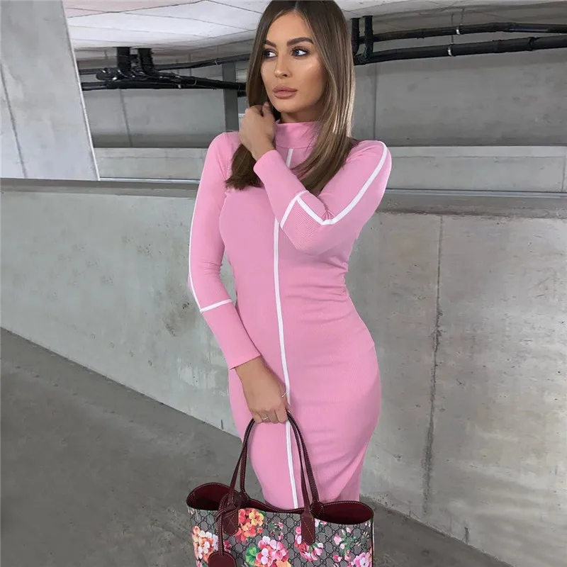 Женское платье в полоску с длинными рукавами в стиле пэчворк облегающее платье длины миди винтажное офисное платье vestido ropa mujer - Цвет: pink