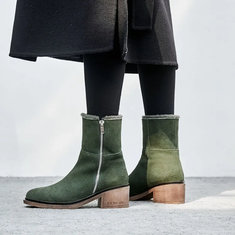 Original Intention Autumn Winter High-Quality Ankle Boots Woman Green Black Lamb and Fur In One Pair Of Snow Boots Square Heel