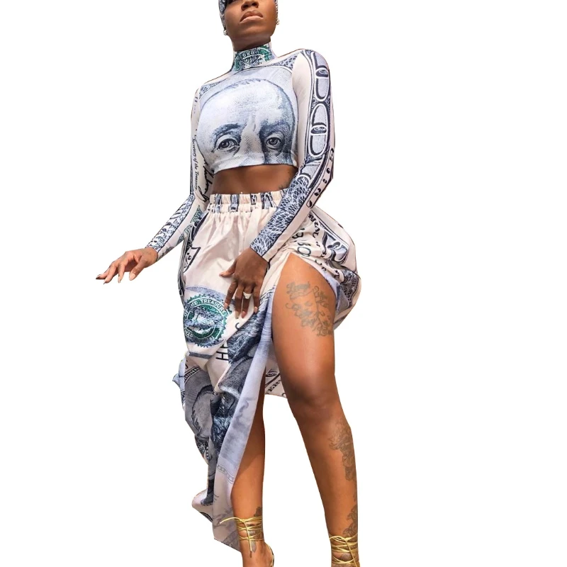 

African Style Dashiki 2019 Autumn New Arrivals Green Backs Printed Two Piece Set Turtlenenck Crop Top Asymmetrical Maxi Side Split 2 Piece Dress Vestidos De Renda Sexy Vintage Retro Robe Femme Clothing Suits