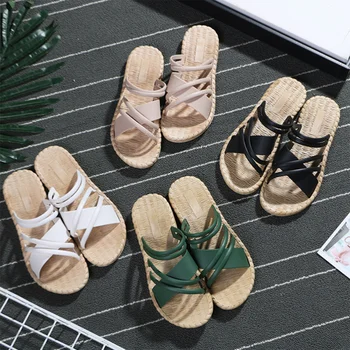 

1 Pair of Roman Style Sandals Cross Strap Imitation Straw Rope Summer Shoes Slippers for Women Lady - Size 36 5.5US 3UK 36EU (Bl