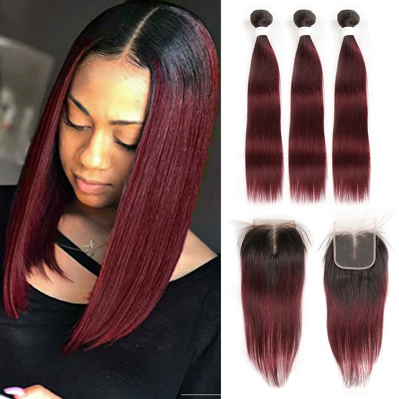 T1B/99J Ombre RedWine Bundles With Closure SOKU Brazilian Straight 3 Bundles With Closure Non-Remy Human Hair Weave Extension
