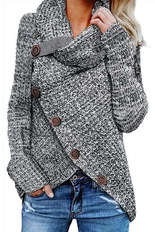 Женский свитер с воротником-хомутом на пуговицах, вязаный рельефный пуловер с длинным рукавом, асимметричные топы с запахом, верхняя одежда, джемпер Highstreet, одежда - Цвет: Серый