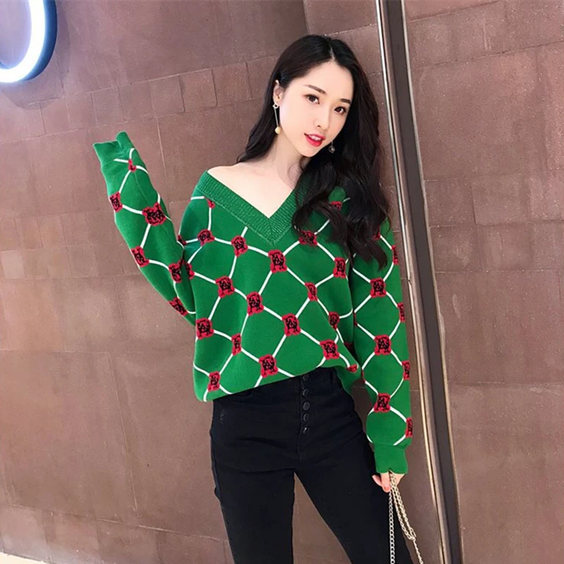

Tunjuefs Loose V-Neck Geometric Pattern Lurex Sweater Women Jumper Color Block Lingge Pullovers Long Sleeve Knitted Top Winter