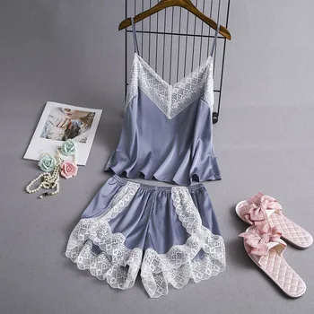 

Lace Patchwork Sleep Suit Women Satin Intimate Lingerie Strap Top&Shorts Pijamas Silky Nightwear 2PCS Pajamas Set Homewear