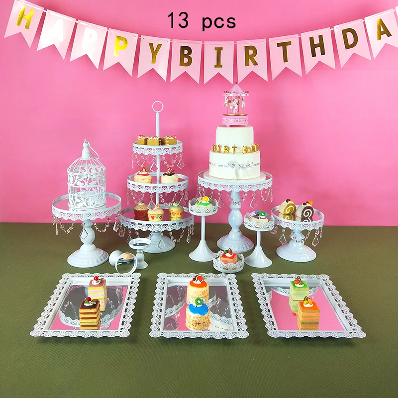 3-18pcs White Metal Cake Stand Set Mirror Crystal Cake Stands Dessert Display Wedding Cupcake Stand with Simple Design - Цвет: mirror 13 pcs