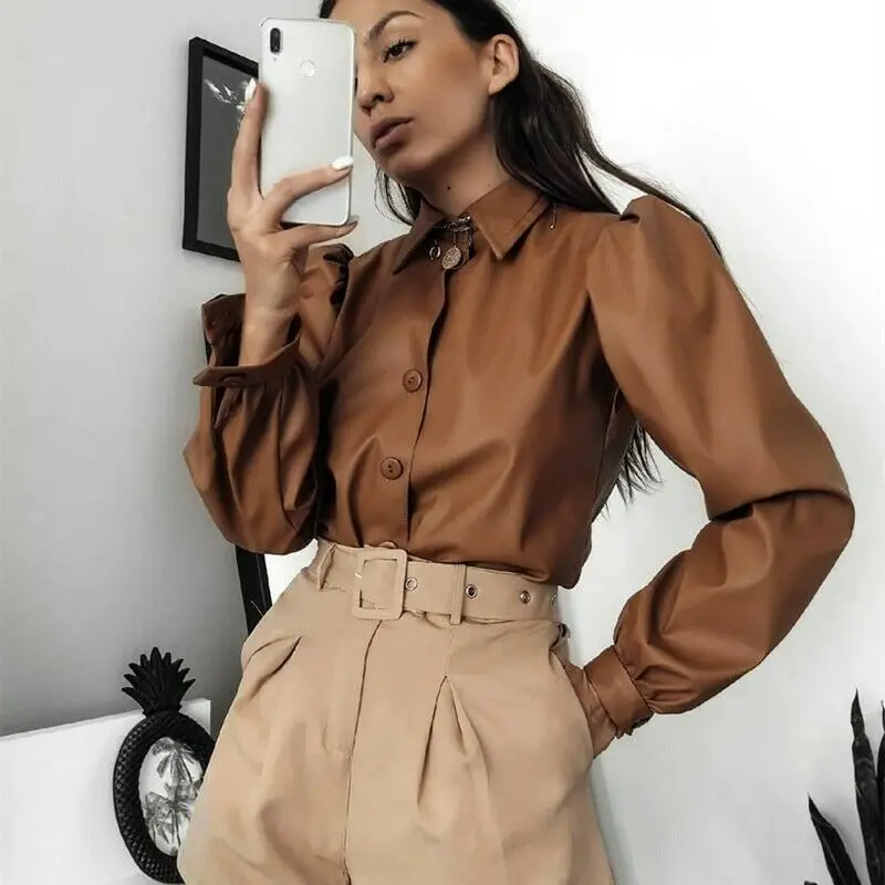 

Vintage Womens Shirts Spring Solid Color Long Lantern Sleeve Faux Leather Button-Down Collar Long Sleeve Tops Casual Slim Blouse
