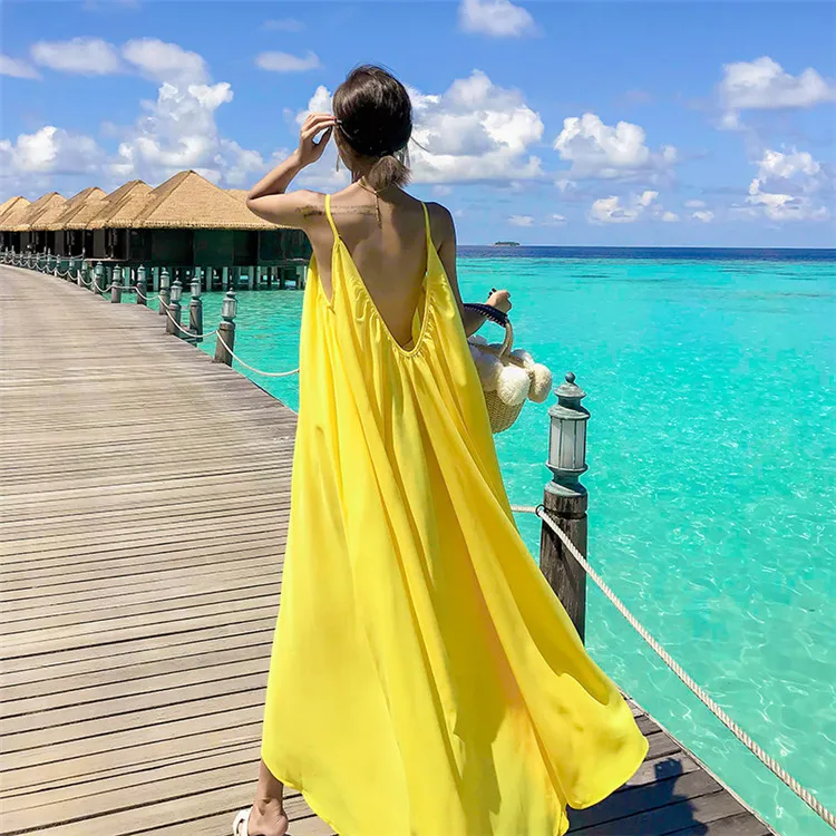 yellow backless midi dress