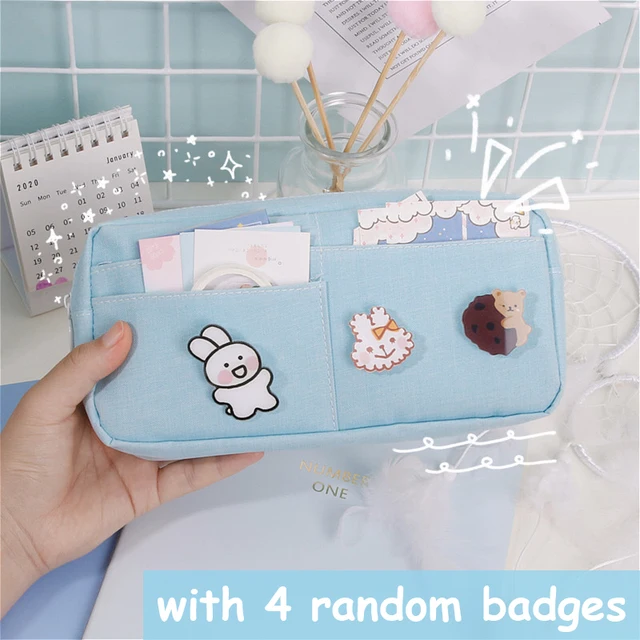 kawaii Large Pencil Case Stationery Storage Bags Canvas Pencil Bag Cute Makeup Bag School Supplies for Girl Kids Gift w/ Badge A-Blue
