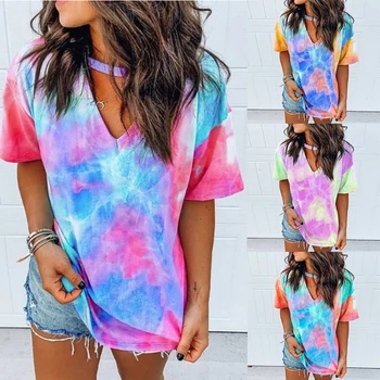 

Sexy Women Tie Dye Print T Shirt 2020 Summer V-Neck Short Sleeve Tshirt Harajuku Halter Tee Shirt Femme Fashion Streetwear