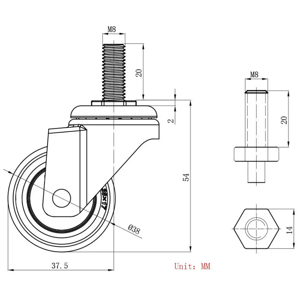 tamanhos de 15 para rodizios nova rosca m8x 20mm tpe 04
