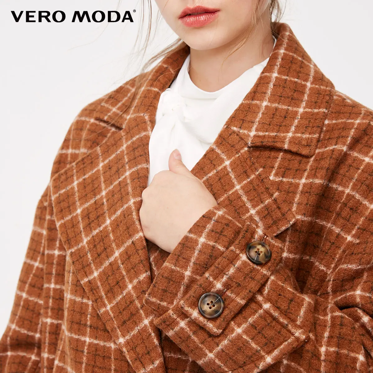 Зимнее длинное шерстяное пальто в клетку с отворотом Vero Moda | 318327551|Пальто|