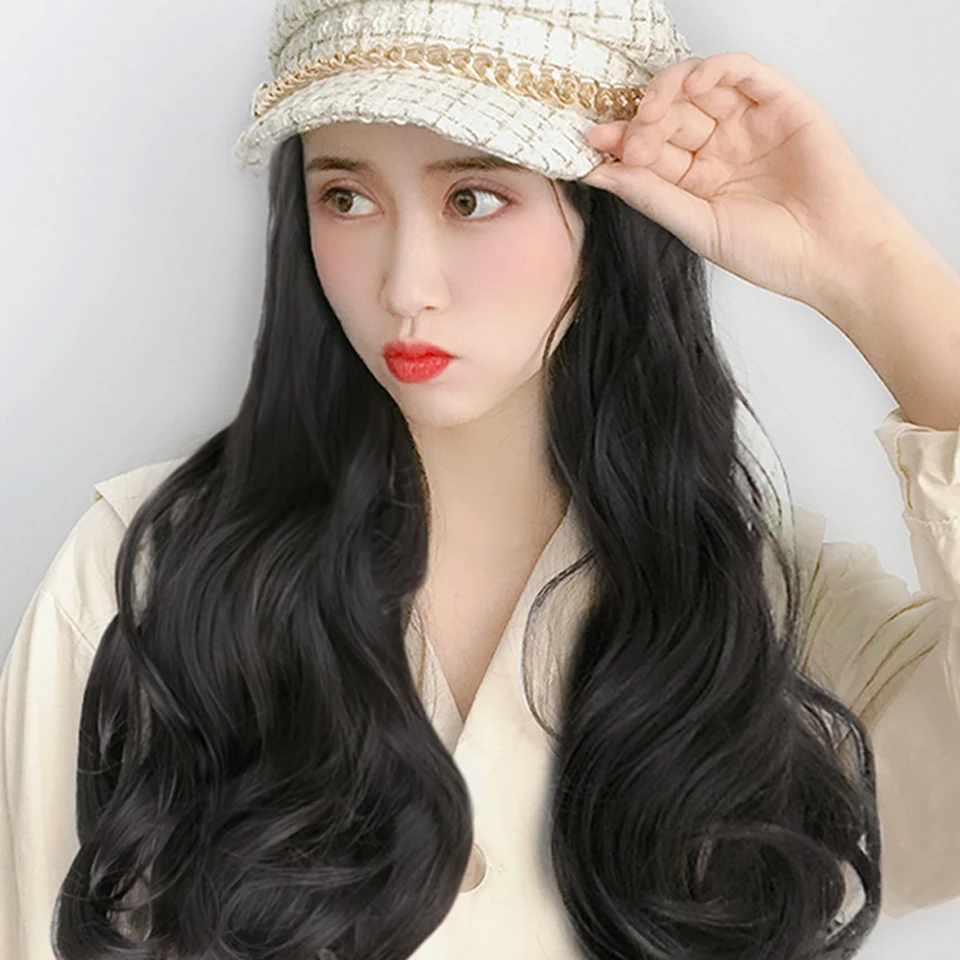 HOUYAN Hat синтетический термостойкий парик регулируемый размер темно-синяя шляпа удлиненные натуральные волнистые волосы девушки дамы вечерние - Цвет: 2