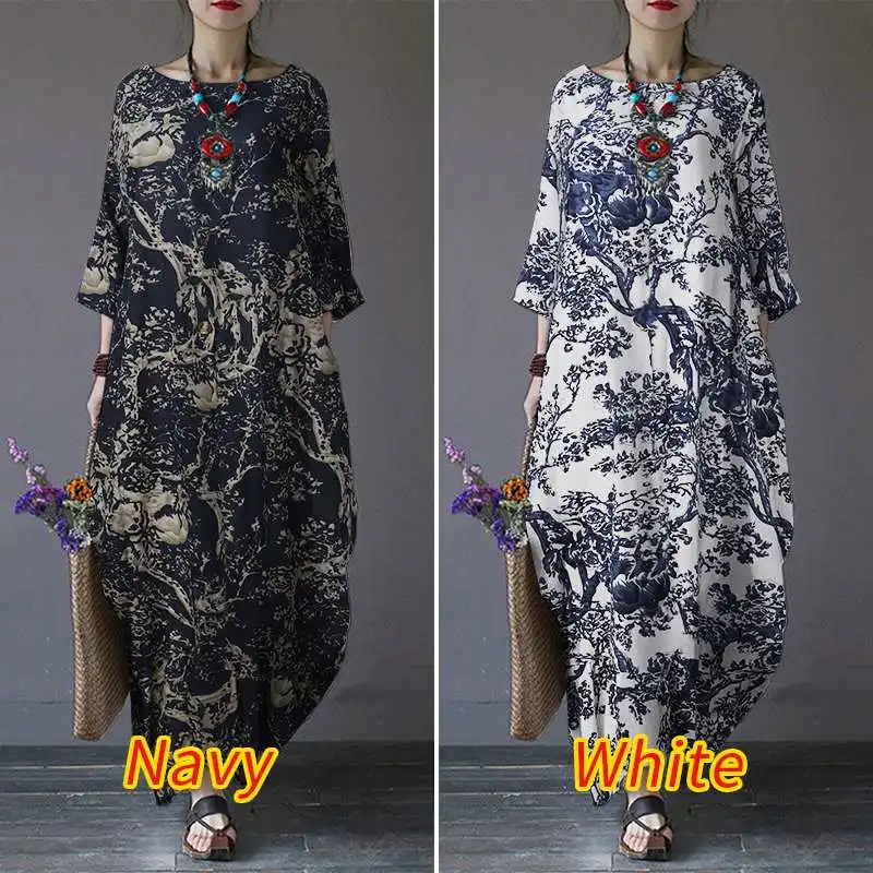 ZANZEA Vintage Printed Maxi Long Dress Women Sundress Casual Long Sleeve Kaftan Dresses Female Baggy Floral Vestidos Plus Size 7