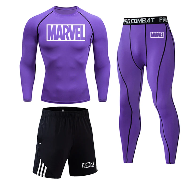 Men's sportswear compression sport suit men's tights+ leggings Marvel men's T-shirt workout clothes rashguard men's kit - Цвет: 3 pieces