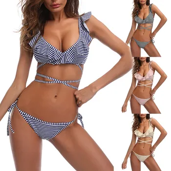 

Fashion Striped Printing Bathing Suit Women Takini High Waist Ruffle Split Underwear Set Push Up Padded Bandage Traje de baño