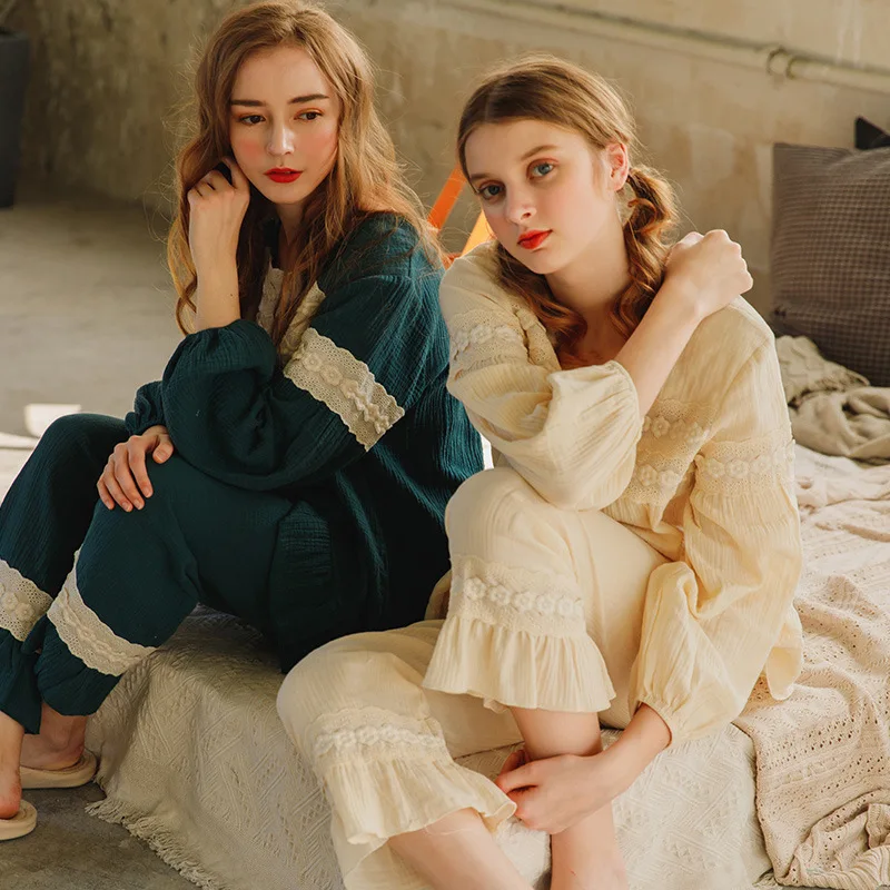

Pajamas Women Spring Autumn Pure Cotton Homewear Suit Long-sleeved Korean Style Pajamas Stitching Contrast Keep Warm Sleepwear