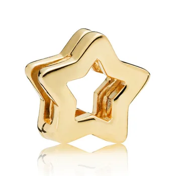 

New 925 Sterling Silver Bead Charm Gold Color Shine Reflexions Star Clip Stopper Beads Fit Bracelet Bangle Diy Jewelry