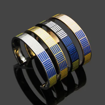 

Wholesale titanium steel bracelet V blue white yellow drop oil grid opening Bracelet couple C-shape opening Bracelet