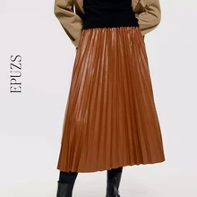 Винтажные юбки из искусственной кожи с высокой талией, Женская плиссированная юбка, уличная Женская Повседневная офисная длинная юбка, Зимняя юбка, jupe femme
