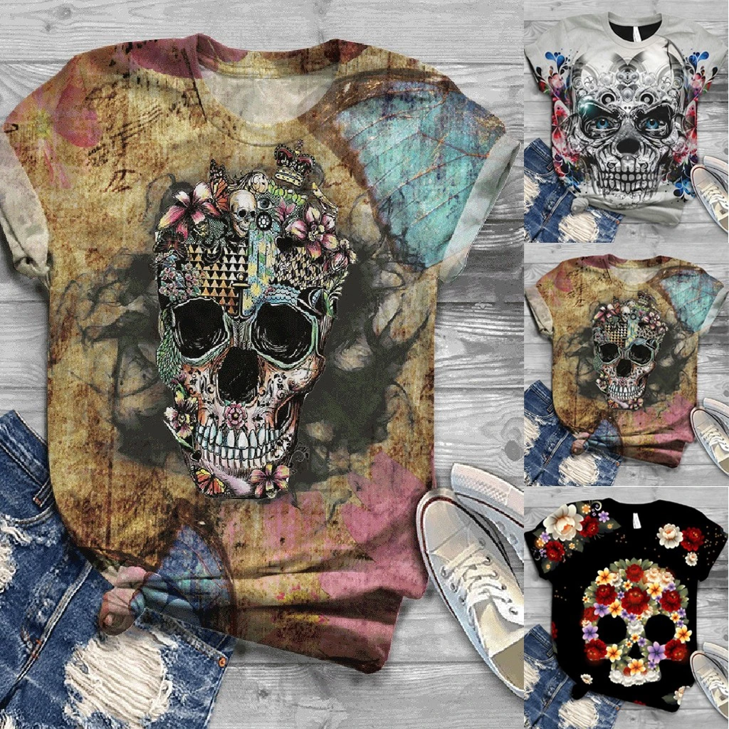 Womens Plus Size Aesthetic T Shirt Short Sleeve 3D Skull Printed O-Neck Tee T-Shirt  summer Tops Camisas Mujer 2020 yellow t shirt
