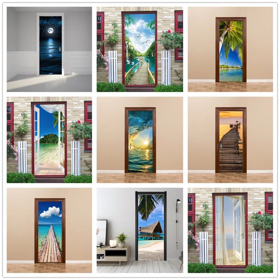 Natural Scenery Door Sticker Vinyl Peel and Stick Wallpaper Beach Decals DIY Removable Poster Bedroom Home Decor adesivo porta | Дом и сад