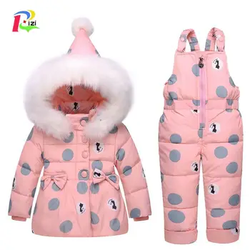 

Meisje Winter Kleding Sets Capuchon Donsjack Boog Print Overalls Jumpsuits Sneeuw Dragen Kinderen Peuter Kleding 1 2 3 jaar