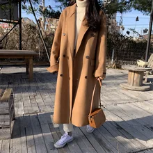 Зима Новое корейское женское двубортное шерстяное пальто ручной работы длинного размера плюс свободного кроя с утолщенной подкладкой шерстяное пальто